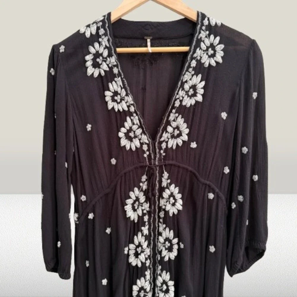 Free People Embroidered Fable Midi Dress Black White Floral Small